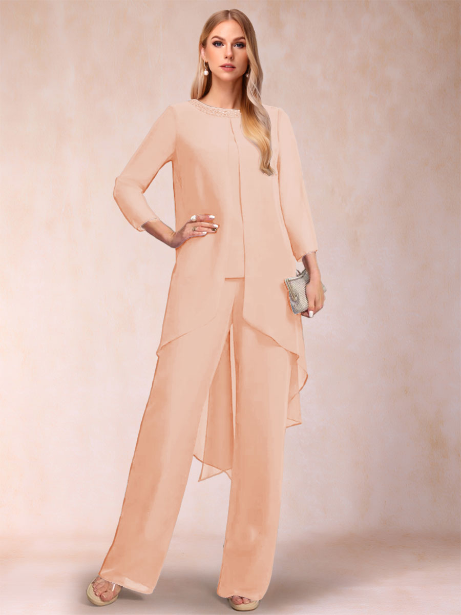 Chiffon Scoop Long Sleeves 2 Pieces Pantsuits with Rhinestone &amp; Jacket