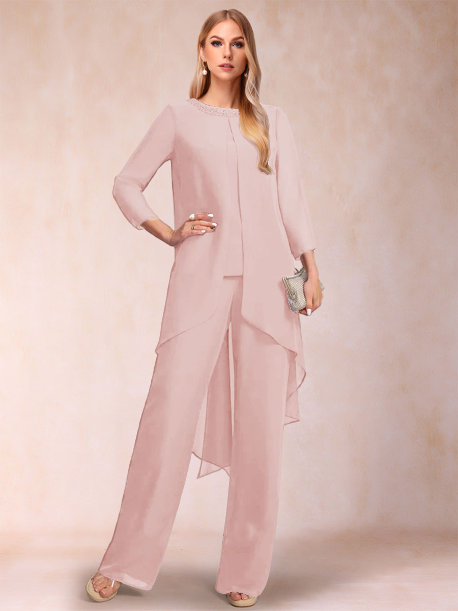 Chiffon Scoop Long Sleeves 2 Pieces Pantsuits with Rhinestone &amp; Jacket