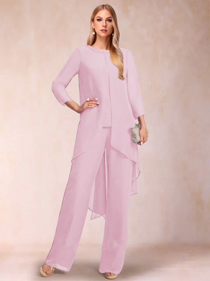 Chiffon Scoop Long Sleeves 2 Pieces Pantsuits with Rhinestone &amp; Jacket