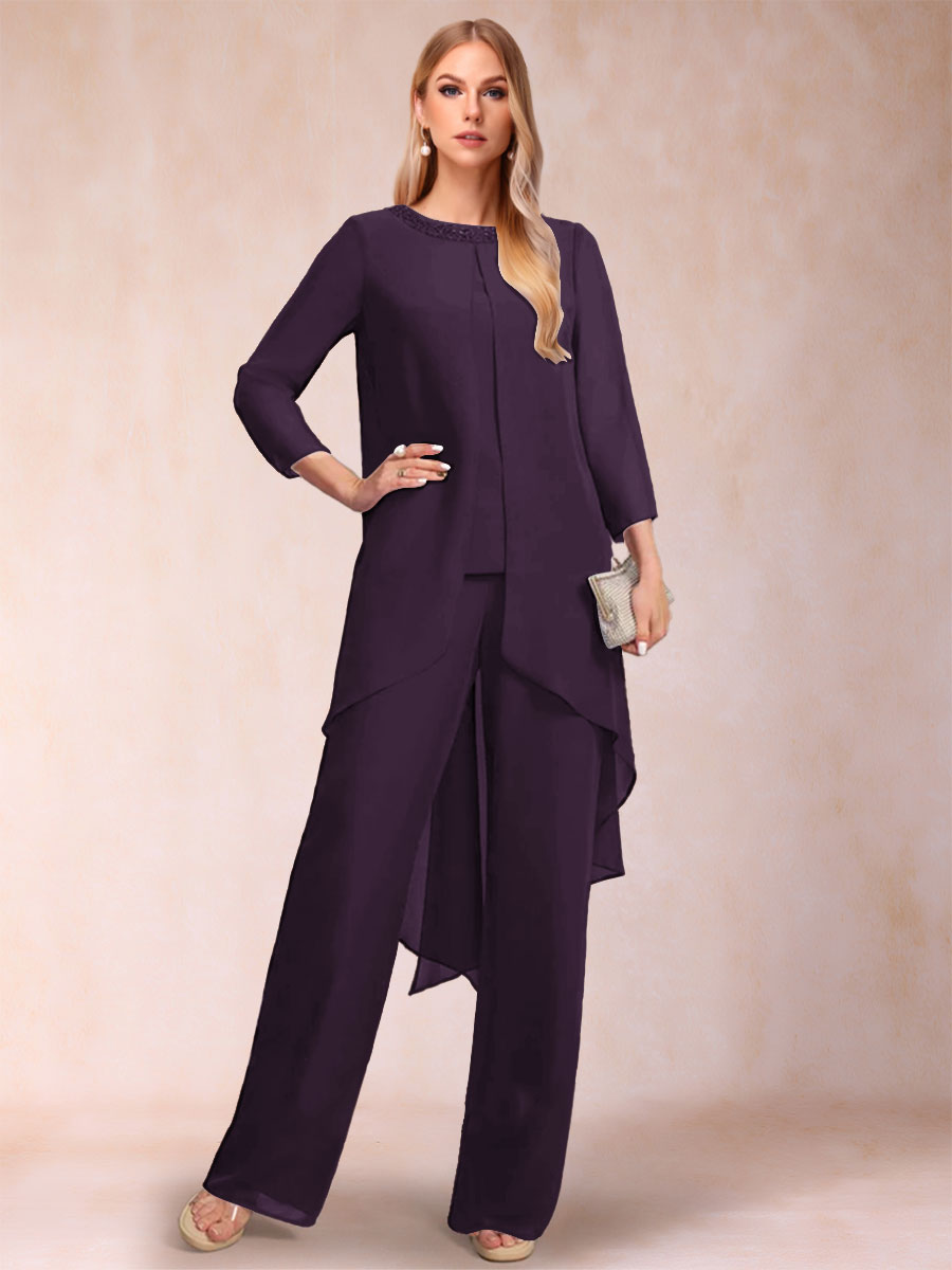 Chiffon Scoop Long Sleeves 2 Pieces Pantsuits with Rhinestone &amp; Jacket