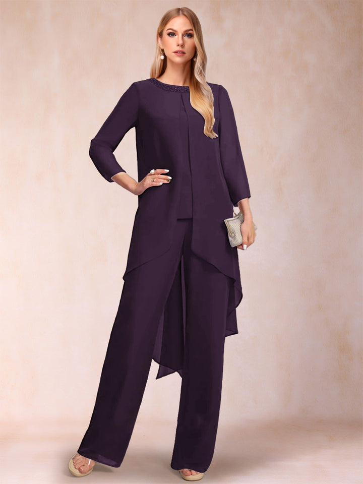 Chiffon Scoop Long Sleeves 2 Pieces Pantsuits with Rhinestone &amp; Jacket