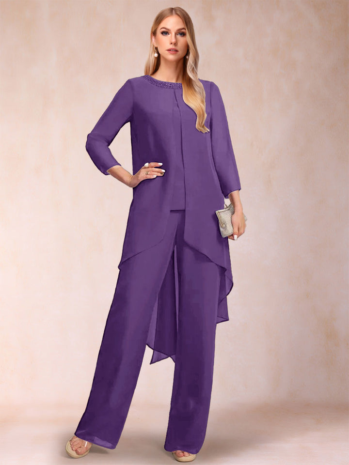 Chiffon Scoop Long Sleeves 2 Pieces Pantsuits with Rhinestone &amp; Jacket