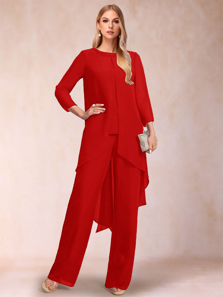 Chiffon Scoop Long Sleeves 2 Pieces Pantsuits with Rhinestone &amp; Jacket
