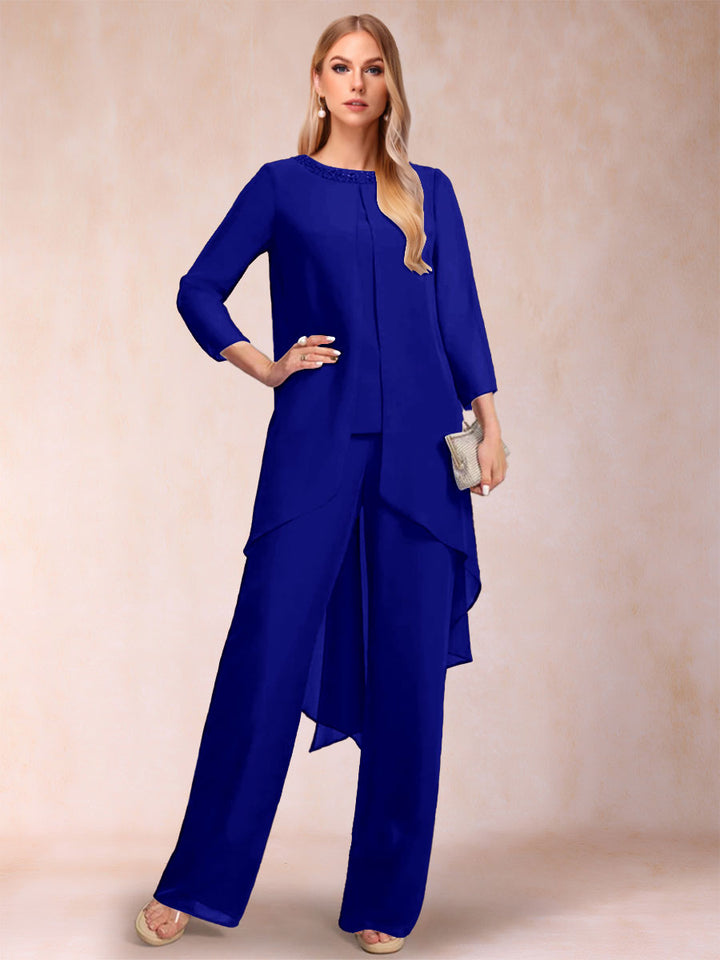 Chiffon Scoop Long Sleeves 2 Pieces Pantsuits with Rhinestone &amp; Jacket