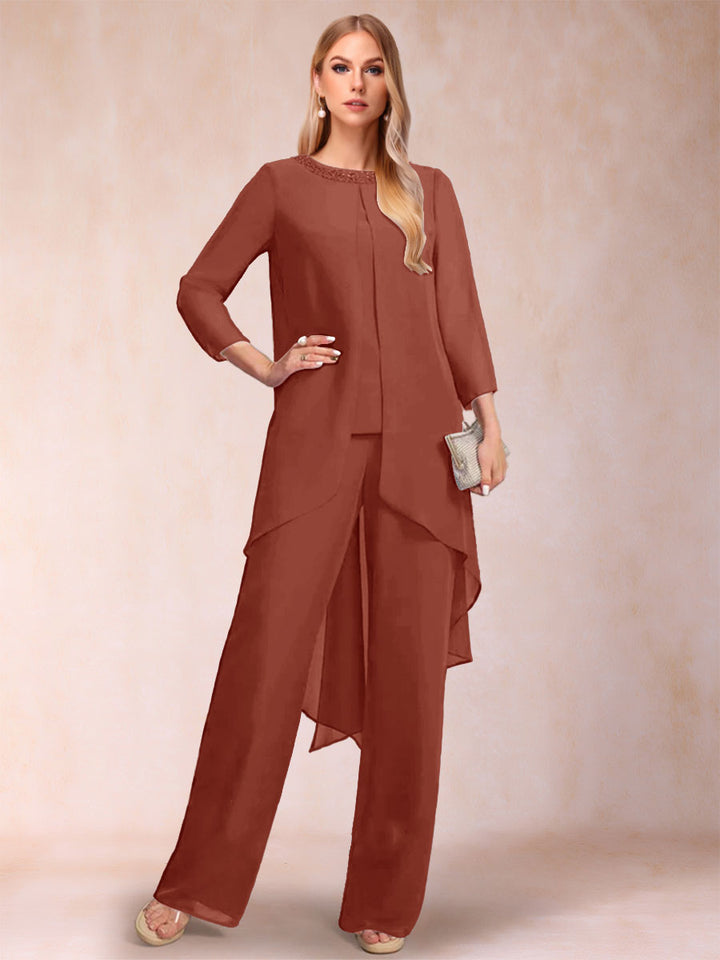 Chiffon Scoop Long Sleeves 2 Pieces Pantsuits with Rhinestone &amp; Jacket