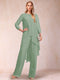 Chiffon Scoop Long Sleeves 2 Pieces Pantsuits with Rhinestone & Jacket