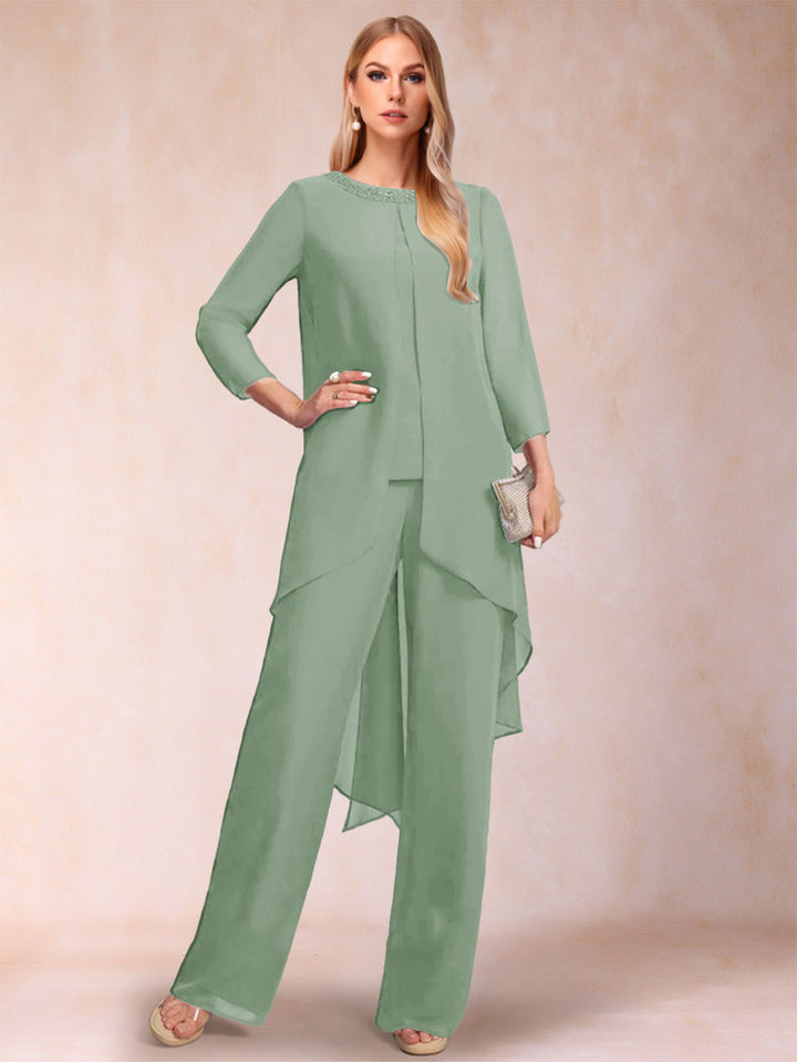 Chiffon Scoop Long Sleeves 2 Pieces Pantsuits with Rhinestone &amp; Jacket