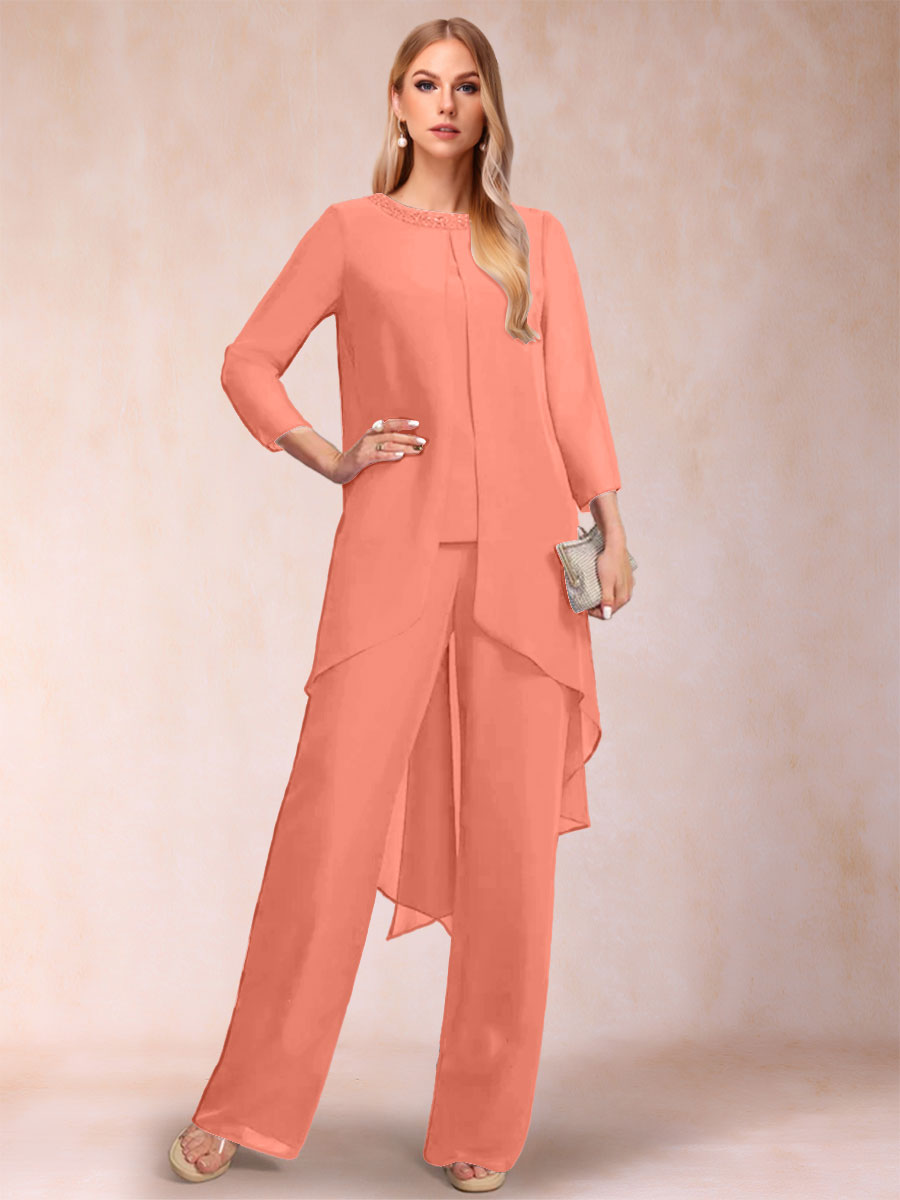Chiffon Scoop Long Sleeves 2 Pieces Pantsuits with Rhinestone &amp; Jacket