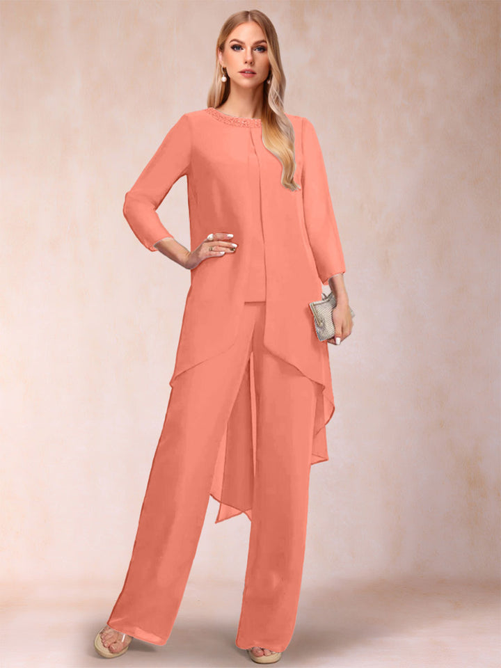 Chiffon Scoop Long Sleeves 2 Pieces Pantsuits with Rhinestone &amp; Jacket