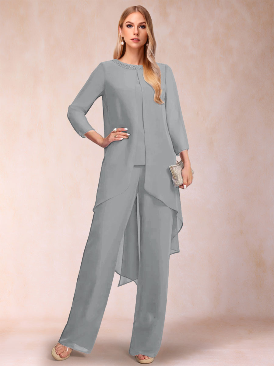 Chiffon Scoop Long Sleeves 2 Pieces Pantsuits with Rhinestone &amp; Jacket