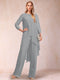 Chiffon Scoop Long Sleeves 2 Pieces Pantsuits with Rhinestone & Jacket