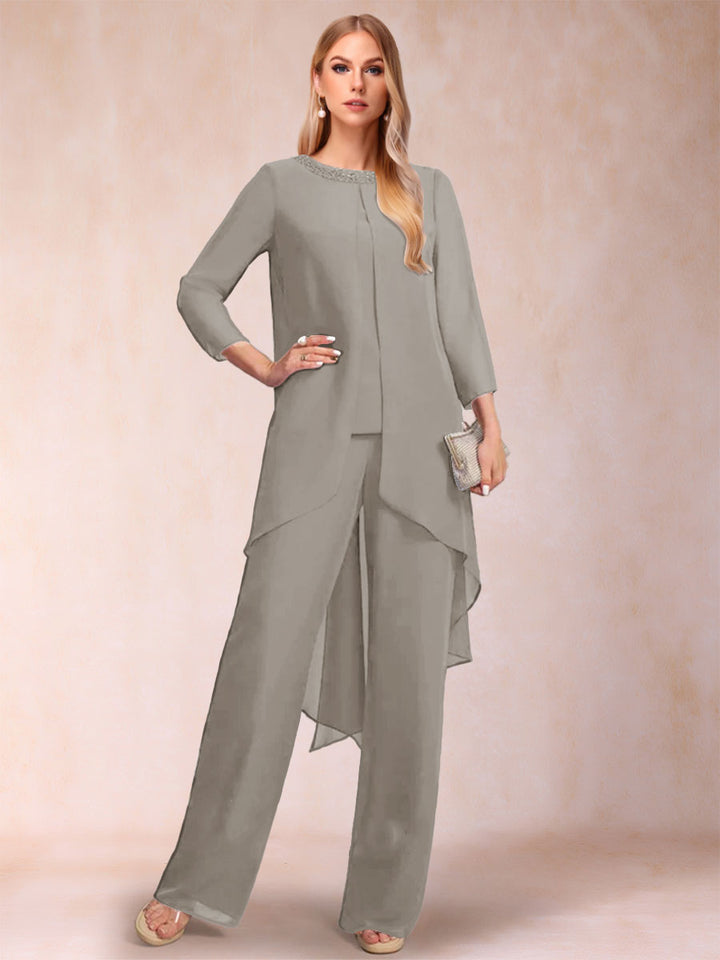 Chiffon Scoop Long Sleeves 2 Pieces Pantsuits with Rhinestone &amp; Jacket