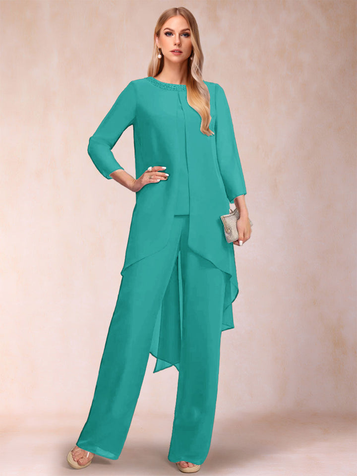 Chiffon Scoop Long Sleeves 2 Pieces Pantsuits with Rhinestone &amp; Jacket