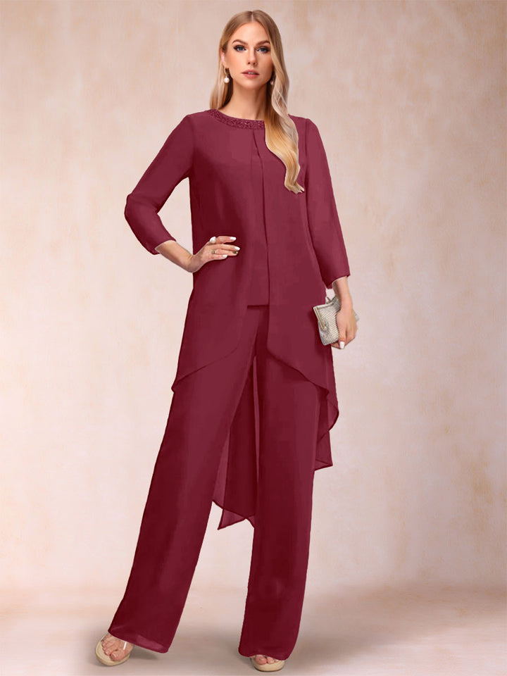 Chiffon Scoop Long Sleeves 2 Pieces Pantsuits with Rhinestone &amp; Jacket
