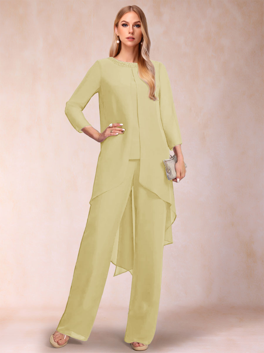 Chiffon Scoop Long Sleeves 2 Pieces Pantsuits with Rhinestone &amp; Jacket