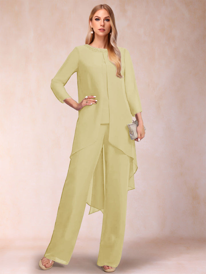 Chiffon Scoop Long Sleeves 2 Pieces Pantsuits with Rhinestone &amp; Jacket