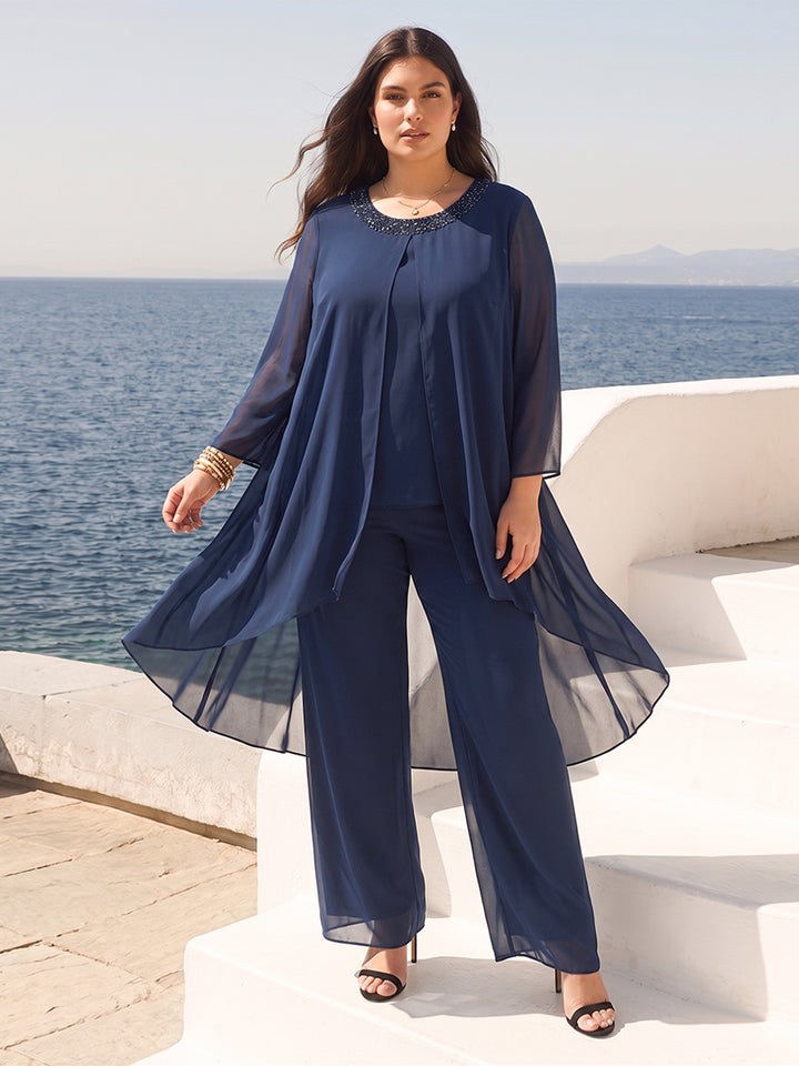 Chiffon Scoop Long Sleeves 2 Pieces Plus Size Pantsuits with Rhinestone &amp; Jacket