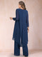 Chiffon Scoop Long Sleeves 2 Pieces Plus Size Pantsuits with Rhinestone & Jacket