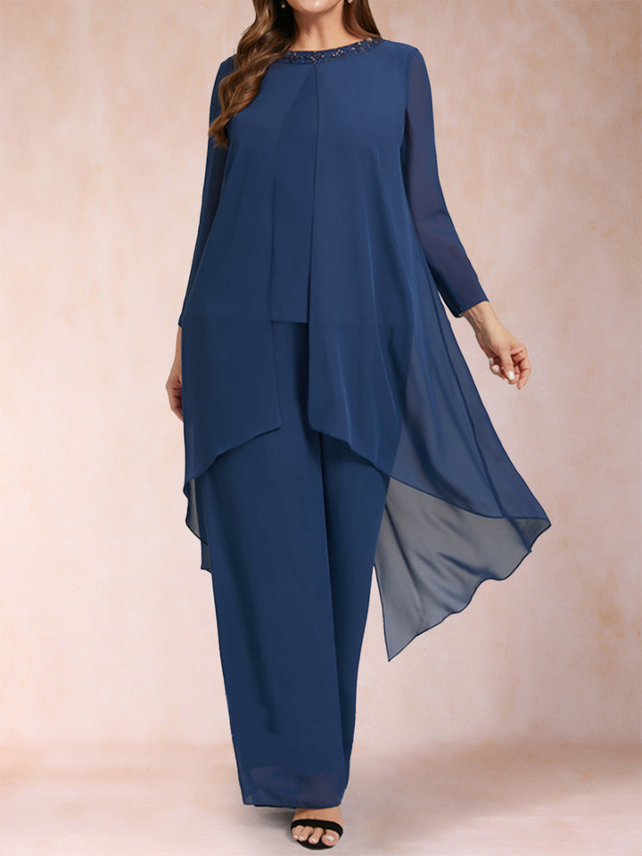Chiffon Scoop Long Sleeves 2 Pieces Plus Size Pantsuits with Rhinestone &amp; Jacket