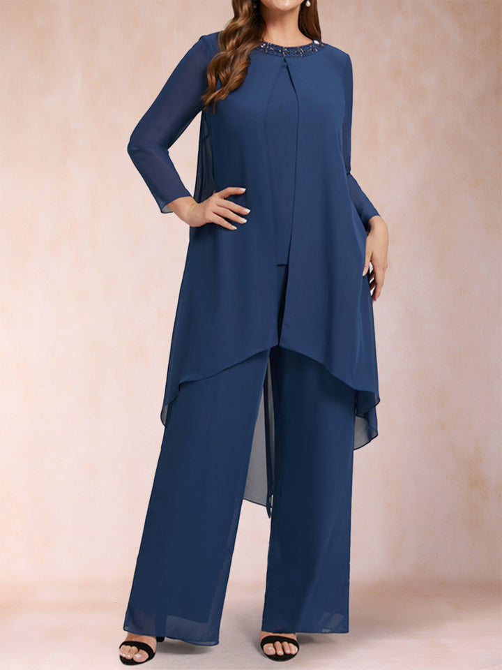 Chiffon Scoop Long Sleeves 2 Pieces Plus Size Pantsuits with Rhinestone &amp; Jacket