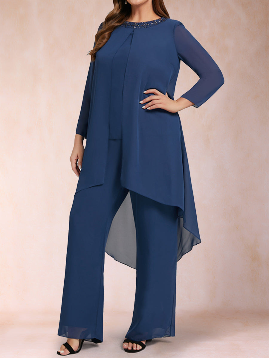 Chiffon Scoop Long Sleeves 2 Pieces Plus Size Pantsuits with Rhinestone &amp; Jacket
