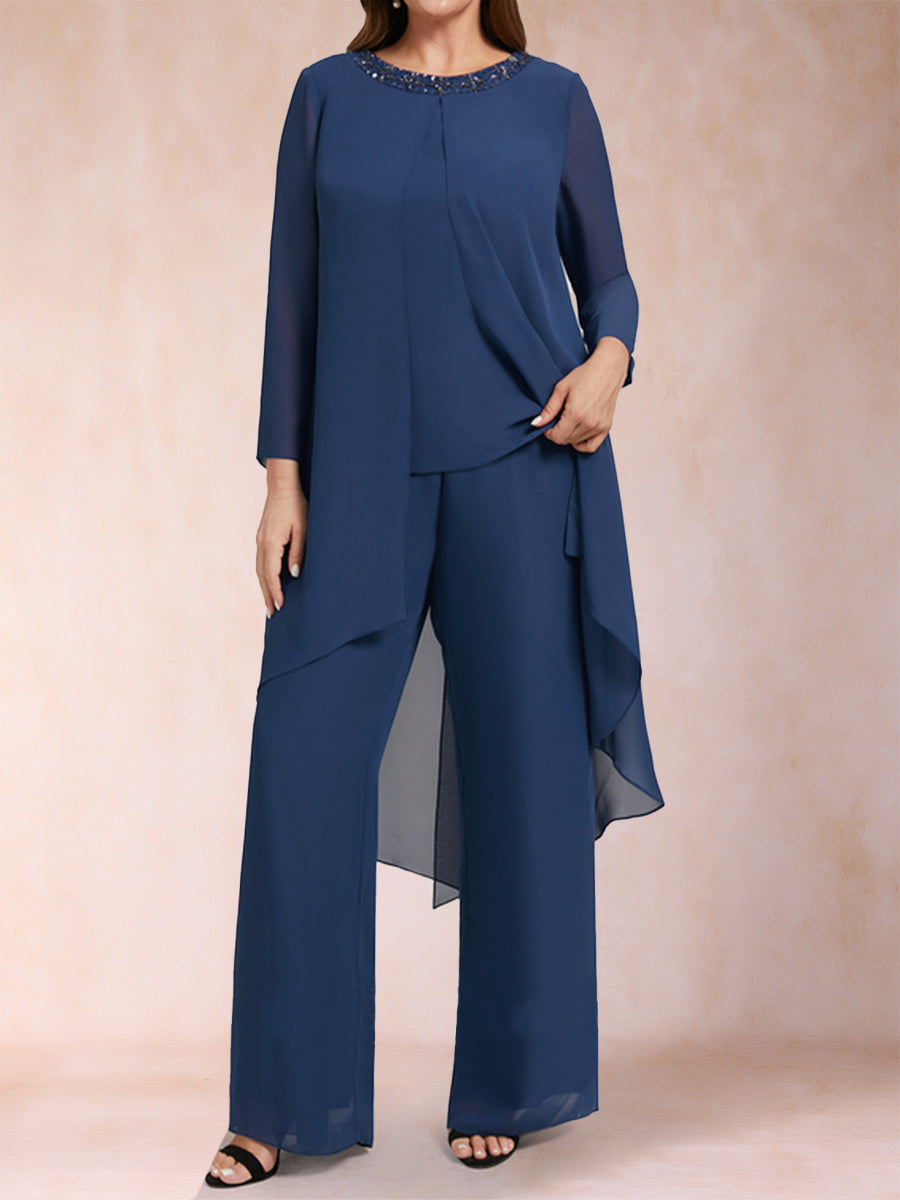 Chiffon Scoop Long Sleeves 2 Pieces Plus Size Pantsuits with Rhinestone &amp; Jacket