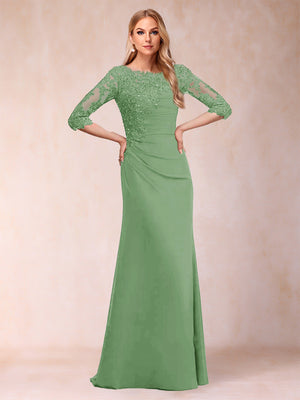 Sheath/Column Scoop 3/4 Sleeves Ruched Mother of the Bride Dresses with Applique