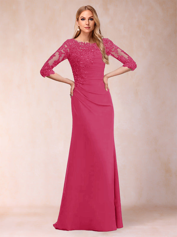 Sheath/Column Scoop 3/4 Sleeves Ruched Mother of the Bride Dresses with Applique