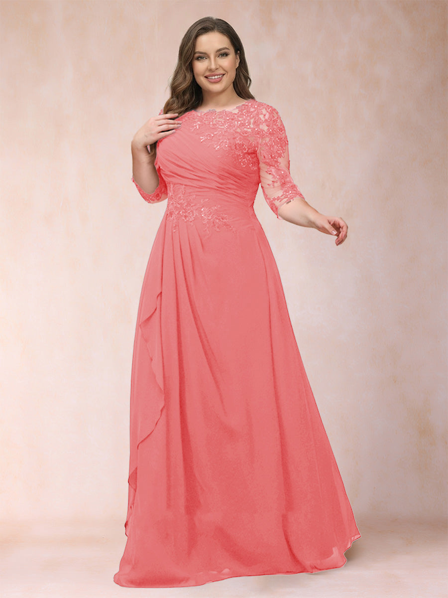 A-Line/Princess Scoop 3/4 Sleeves Plus Size Mother of the Bride Dresses with Applique