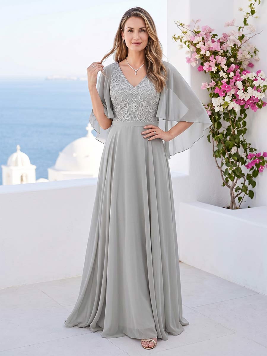 A-Line/Princess V-Neck Half Sleeves Mother of the Bride Dresses with Applique