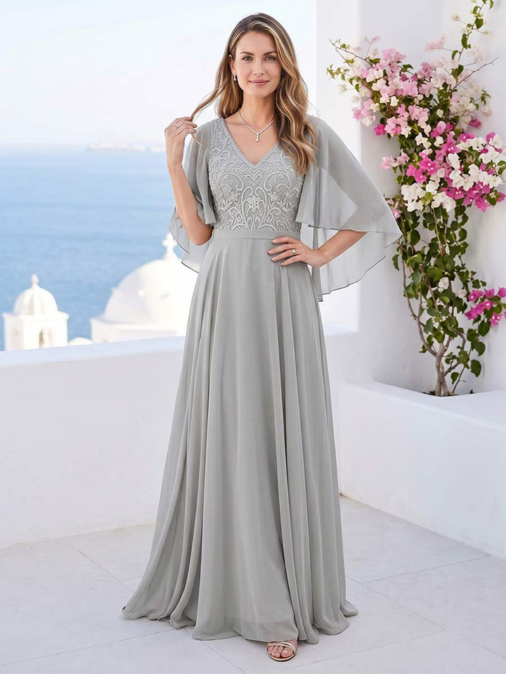 A-Line/Princess V-Neck Half Sleeves Mother of the Bride Dresses with Applique
