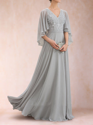 A-Line/Princess V-Neck Half Sleeves Mother of the Bride Dresses with Applique