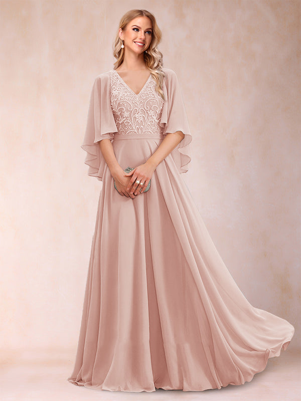 A-Line/Princess V-Neck Half Sleeves Mother of the Bride Dresses with Applique