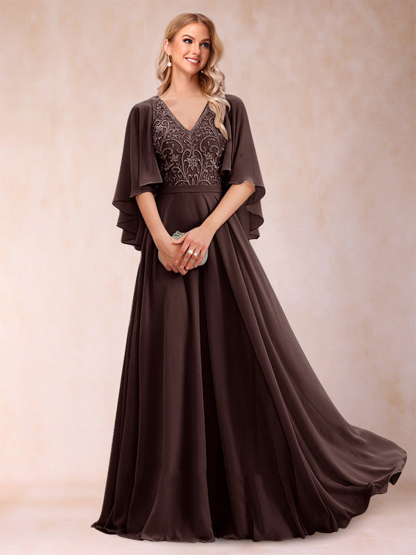 A-Line/Princess V-Neck Half Sleeves Mother of the Bride Dresses with Applique