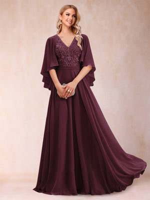 A-Line/Princess V-Neck Half Sleeves Mother of the Bride Dresses with Applique