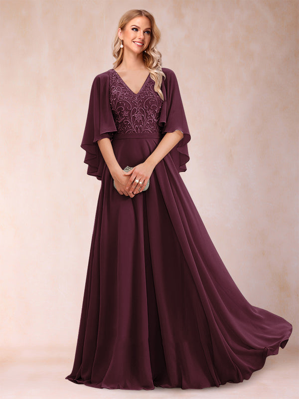 A-Line/Princess V-Neck Half Sleeves Mother of the Bride Dresses with Applique