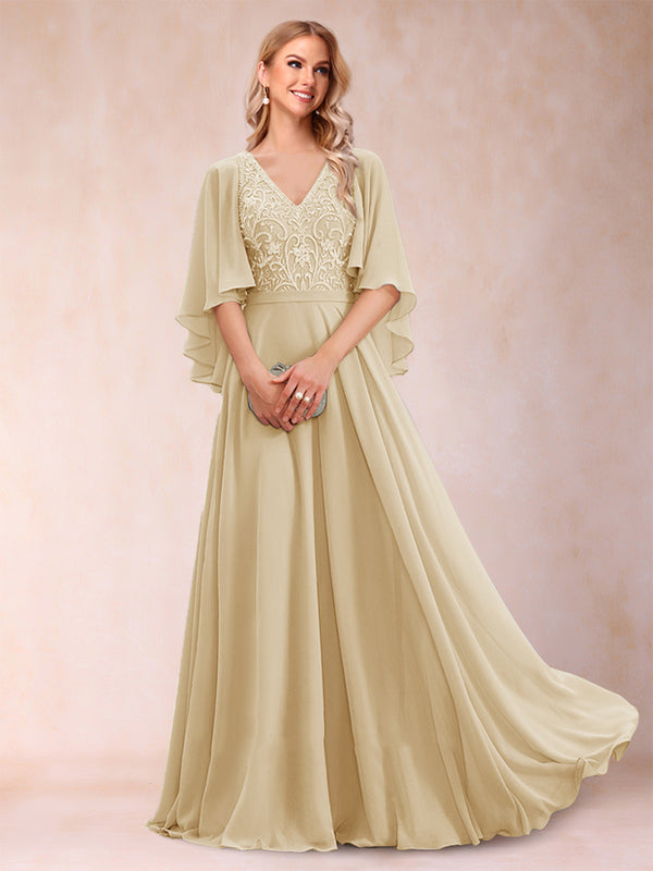 A-Line/Princess V-Neck Half Sleeves Mother of the Bride Dresses with Applique