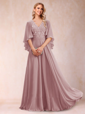 A-Line/Princess V-Neck Half Sleeves Mother of the Bride Dresses with Applique