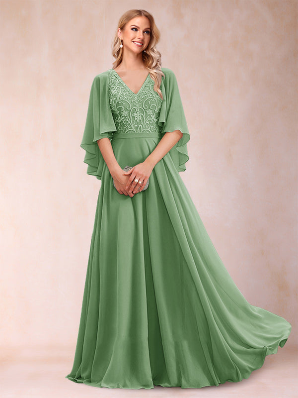A-Line/Princess V-Neck Half Sleeves Mother of the Bride Dresses with Applique