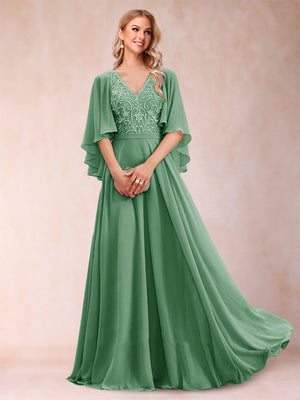 A-Line/Princess V-Neck Half Sleeves Mother of the Bride Dresses with Applique