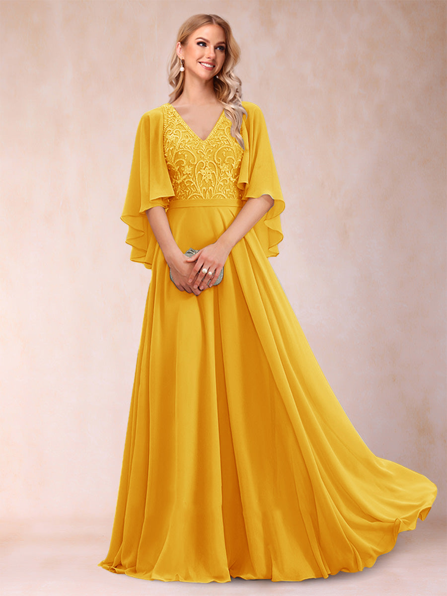 A-Line/Princess V-Neck Half Sleeves Mother of the Bride Dresses with Applique