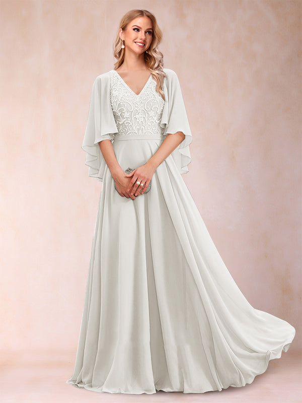 A-Line/Princess V-Neck Half Sleeves Mother of the Bride Dresses with Applique