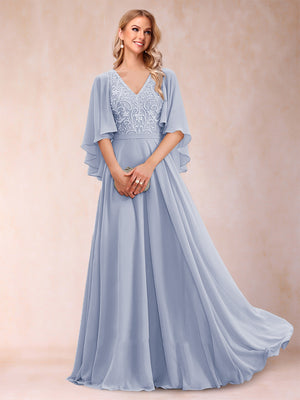 A-Line/Princess V-Neck Half Sleeves Mother of the Bride Dresses with Applique