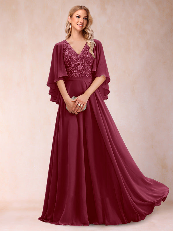 A-Line/Princess V-Neck Half Sleeves Mother of the Bride Dresses with Applique