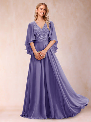 A-Line/Princess V-Neck Half Sleeves Mother of the Bride Dresses with Applique