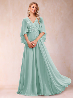 A-Line/Princess V-Neck Half Sleeves Mother of the Bride Dresses with Applique