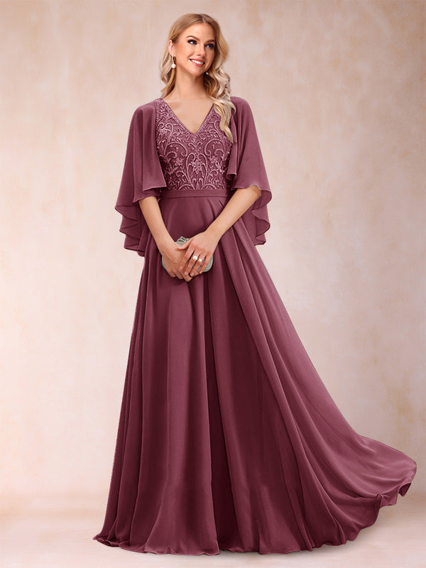 A-Line/Princess V-Neck Half Sleeves Mother of the Bride Dresses with Applique
