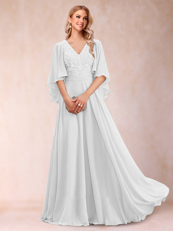 A-Line/Princess V-Neck Half Sleeves Mother of the Bride Dresses with Applique