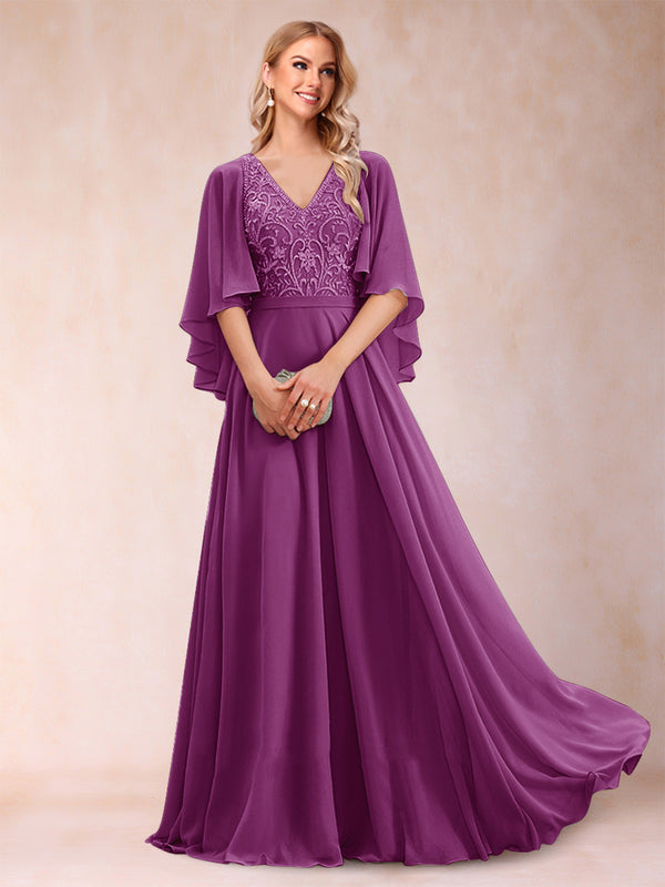 A-Line/Princess V-Neck Half Sleeves Mother of the Bride Dresses with Applique