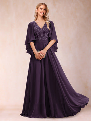 A-Line/Princess V-Neck Half Sleeves Mother of the Bride Dresses with Applique